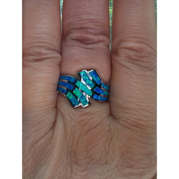 925 STERLING SILVER Lab Created Blue Fire Opal Wave Ring - Picture 8 of 16